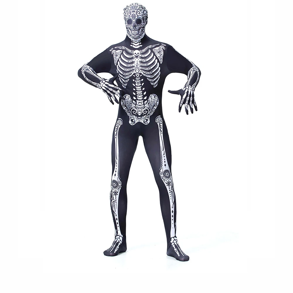 

Vintage Skeleton Print Black Zentai Suits Skinny Jumpsuit Bodysuit Halloween Cosplay Suit Stretchy Outfit