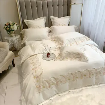 

French Noble White Lace High-end Bedding Sets Egyptian Cotton Feather Satin Luxury Comforter Cover Set 4 Pcs Bed Sheet Elegant