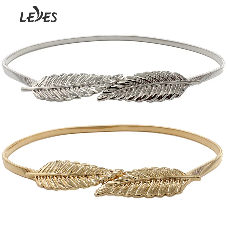 

Fashion Gold Metal Belts for Women Luxury Designer Elastic Waist Strap Girls Dress Leaf Decorative Chain Shiny Pin Buckle Belts