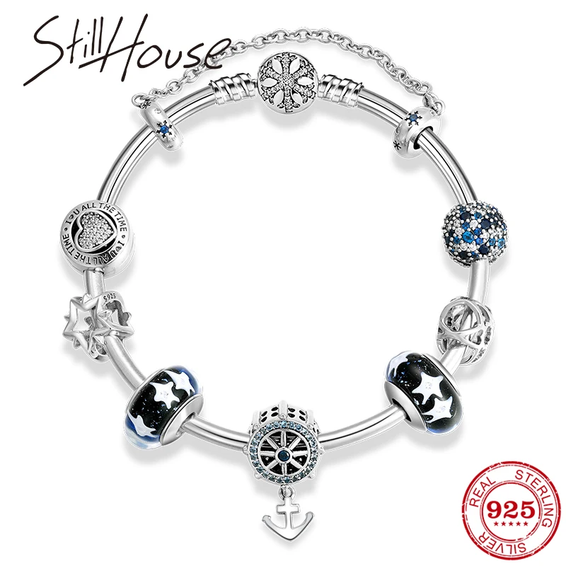 Горячая 925 пробы Серебряный Шарм Синий Циркон якорь шарик Diy браслет с подвеской модные ювелирные изделия женские аксессуары