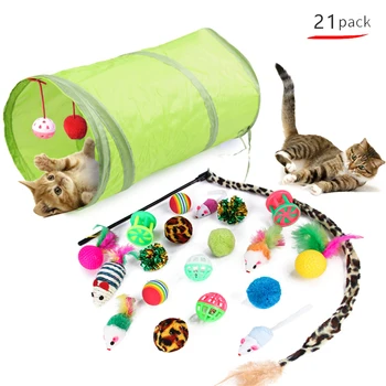 

21Pcs/Set Pet Kit Collapsible Tunnel Cat Toy Fun Channel Feather Balls Mice Shape Pet Kitten Dog Cat Interactive Play Supplies