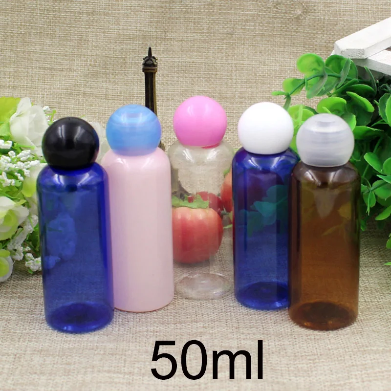 

50ml Plastic Water Drop Bottle with Inner Plug Cosmetic Essential Oil Package Container Clear Brown Blue Pink Ball Cap Free Ship