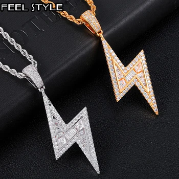 

Hip Hop Bling Iced Out Micro Paved CZ Baguette lightning Pendants & Necklaces For Men Rapper Jewelry With Solid Back