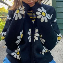 

Women Vintage V Neck Loose Flower Knit Cardigans Sweater Elegant Sweater Coat 2021 Y2k Autumn Winter Female Casual Thick Clothes