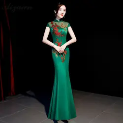 Зеленый Русалка Тонкий Cheongsam современный хост платья Qi Pao для женщин традиционное китайское вечернее китайское платье-Ципао Продвижение