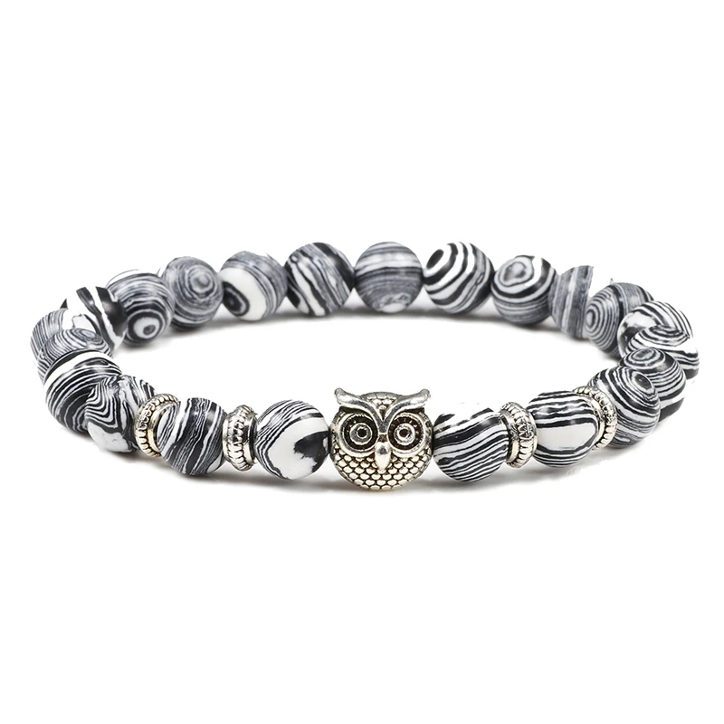 Grey malachite Модный браслет сова, натуральный тигровый глаз и лавовый камень, вулканический камень, бисерные браслеты, браслет для женщин, мужчин, Йога, пара, ювелирное изделие, подарок - Окраска металла: Grey malachite