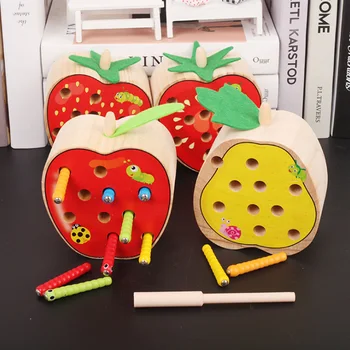 

Baby Wooden Toys 3D Puzzle Early Childhood Educational Toys Catch Worm Game Color Cognitive Magnetic Strawberry Apple D110