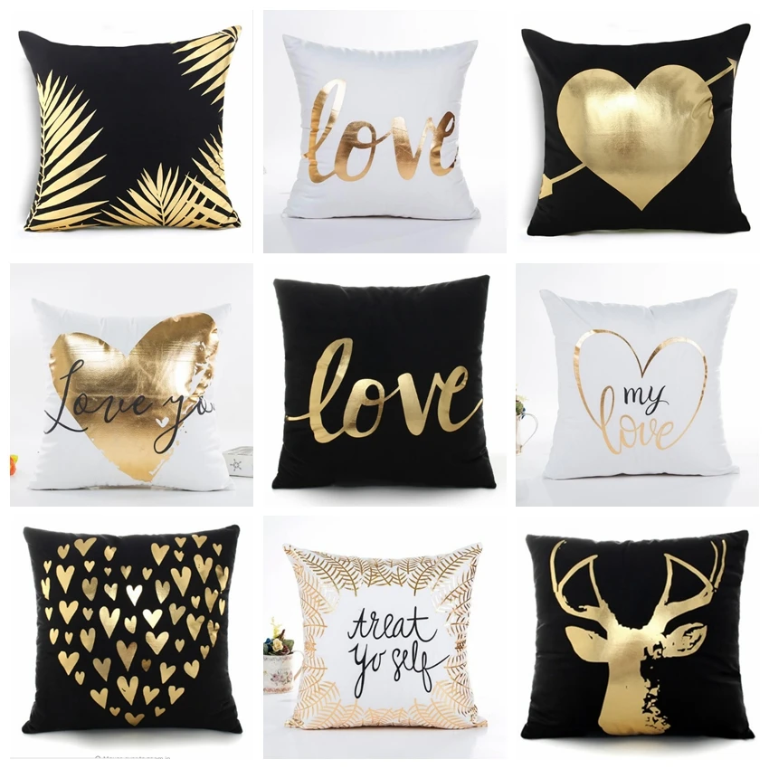 Golden Love Leaves Bronzing Cushion Decorative Pillow Black And White Velvet Pillowcase Home Decor Sofa Throw Pillows 17*17inch 2