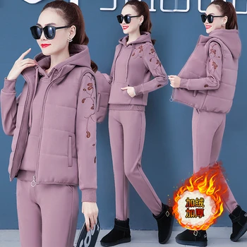 

Fashion New Plus size Tracksuit Women Hooded Autumn Winter Plus velvet Thick Tracksuits 3 Piece Set + Long Pants Set Women Tops