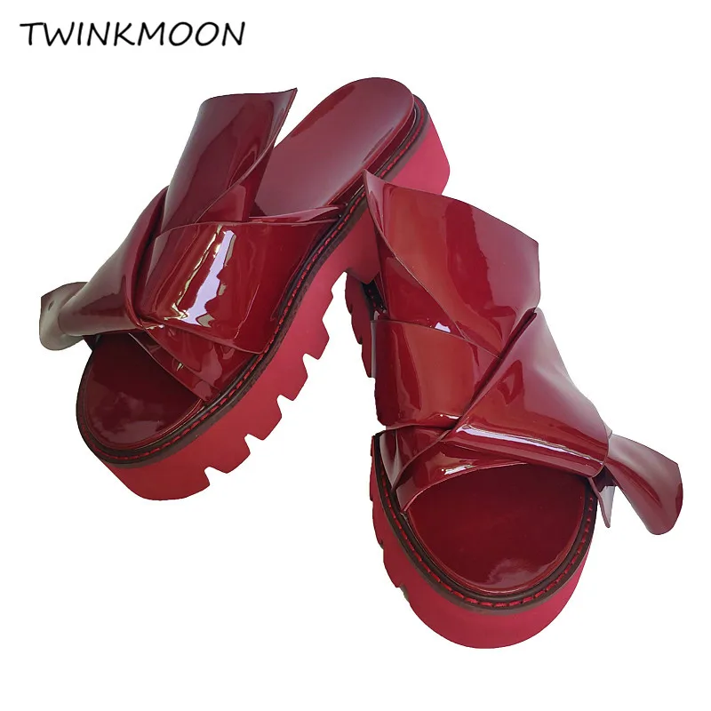 Platform Sandal Chunky Heel Slippers Women Flats Thick Heel Slides Patent Leather Candy Color Designer Summer Shoes zapatos muje