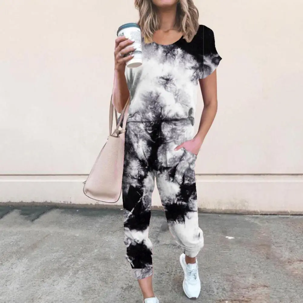 Chándal de teñido anudado para mujer, traje deportivo holgado, camiseta de manga corta, pantalones con cordón, ropa para Primavera/Verano, 2021
