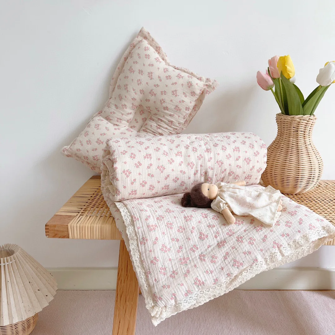 Korean Floral Lace Muslin Kids Baby Bed Quilt Cotton Gauze Children Infant Dolls Bedding Quilts Blanket Girl Princess Quilts