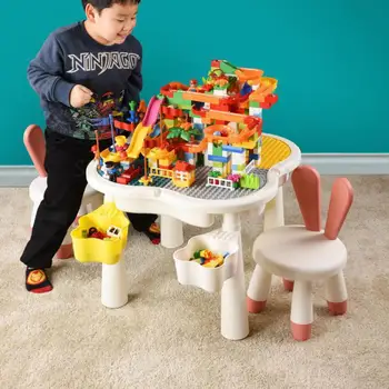 

Children's multifunctional building table 3-6 years old baby assembled plum-shaped large particle toy game table