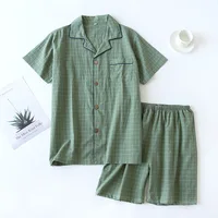 Summer new couple pajamas two-piece men's plaid short-sleeved shorts 100% cotton gauze ladies simple home service set sleepwear - Image 4