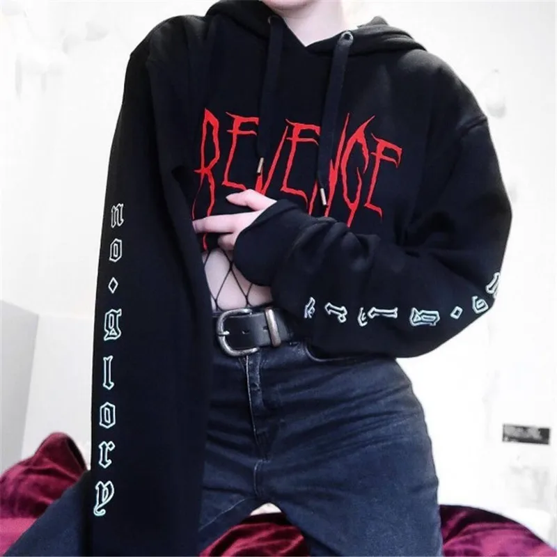  Merry Pretty Autumn Hoodies Sweatshirt Women Revenge Letter Printed Black Tracksuit Pocket Streetwe