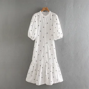 

Vintage Embroidery Half Sleeve Dress Women Cotton Blend O-neck Ruffles Puff Long Dresses Female 2020 Summer Elegant Vestidos