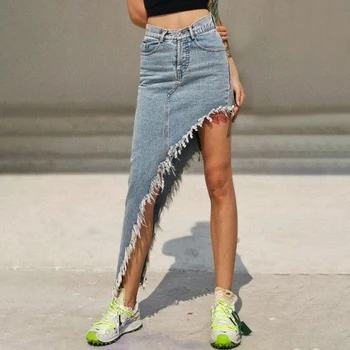 

High Street Casual Asymmetrical Women's Skirts High Waist Patchwork Tassel Irregular Skirt for Female Clothing 2020 Fashion New