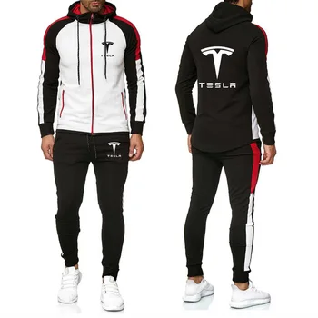 

Mens jacket sweatshirt for Tesla Car Logo Printed Spring Autumn comfortable Color Matching Hoodies+Pants 2Pcs Sporting suit
