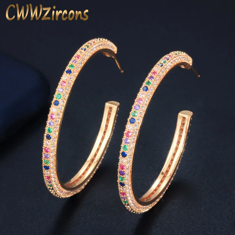 

CWWZircons 2019 New Fashion Micro Pave Rainbow CZ Crystal Big Yellow Gold Color Hoop Earrings for Women Jewelry Gift CZ588