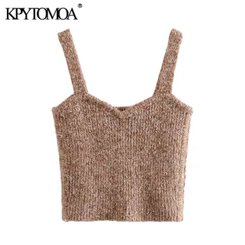 

KPYTOMOA Women 2020 Sweet Fashion Cropped Knitted Blouses Vintage Sleeveless Backless Straps Female Shirts Blusas Chic Tops