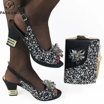 

Fashion Hot Selling Black Color Italian Designer Lady Shoes And Bag Set To Match Italian Party Shoes With Matching Bags Se