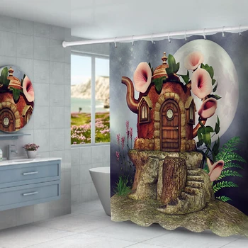 

Cartoon castle oil painting printing waterproof shower curtain partition curtain free punching factory direct sales