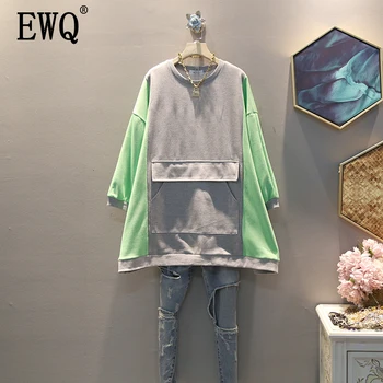

[EWQ] 2020 Spring Autumn New Pattern Round Collar Long Sleeve Hit Colors Patchwork Pockets Streetwear Sweatshirt Women AH73211