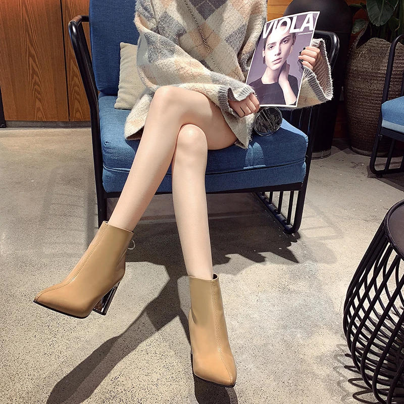 Botines oficina para mujer 9 Cm de tacón alto de cuero Pu botas cortas de moda de zapatos de mujer de invierno de tacón Metal negro - AliExpress