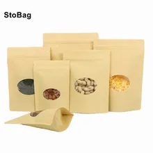 

StoBag 50pcs Circular Transparent Window Zipper Lock Kraft Paper Pouches Packing Dried Flowers Red Dates Household