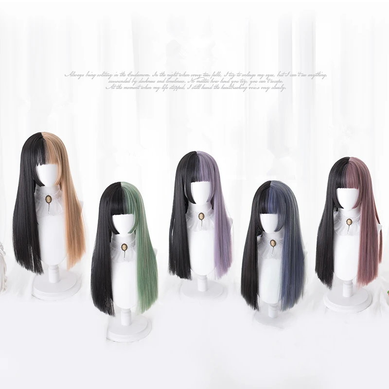 

5 Type Centre-parted Blunt Bangs lolita Khaki Blue Lavender Teal Cosplay Wig Girl Hairpiece Straight hair Periwig Pigtail only