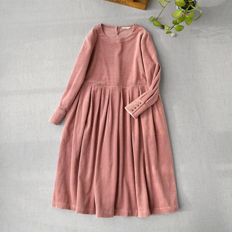 

Spring Autumn New Arrivals Women Casual Brief Basic Elegant Loose Plus Size Comfortable Corduroy Cotton Pleated Dresses 4 Colors