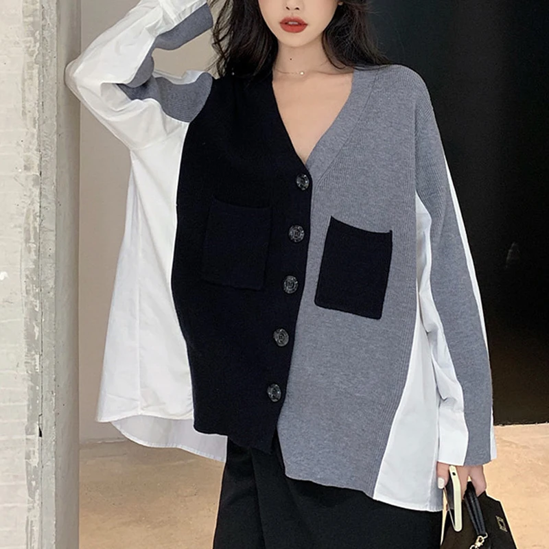 

Women's sweaters spring autumn loose V-neck stitching sweater cardigan jersey mujer pull femme nouveaute 2020 punk jumper female