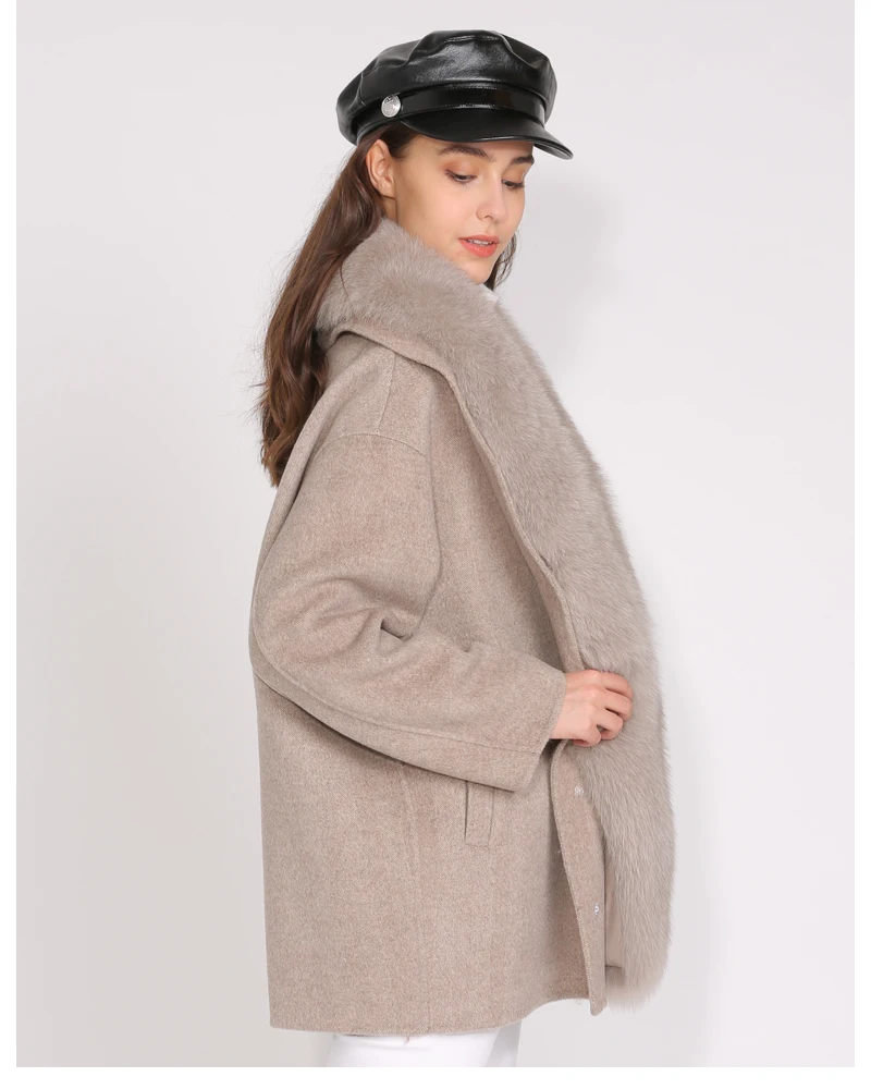 Шерстяное пальто женская зимняя куртка воротник из натурального Лисьего меха кашемировая шерстяная комбинированная верхняя одежда Уличная Женская кашемировая куртка