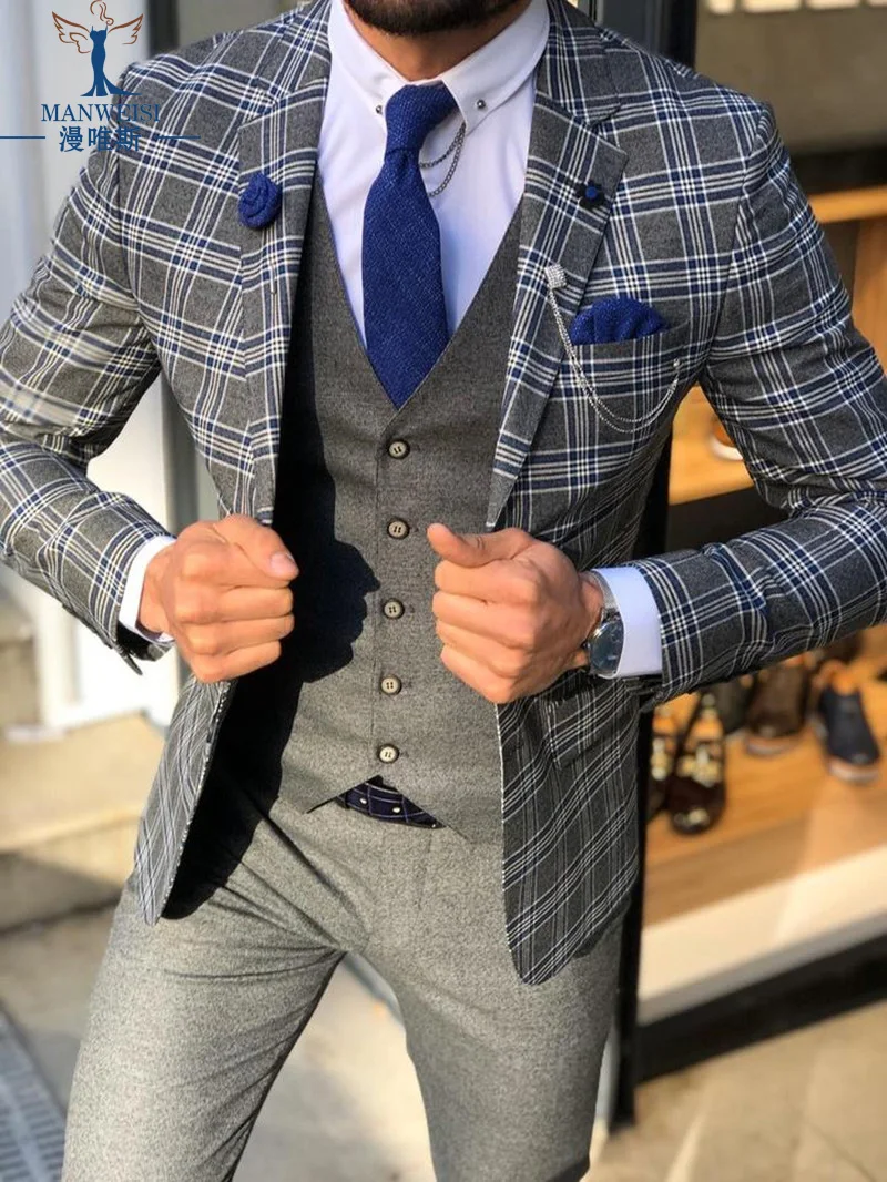 Men's Suits Plaid Wedding Tuxedos Formal Best Man Suit Groom Wear Tuxedos Made 3-Piece Suits (Jacket+Vest+Pants)