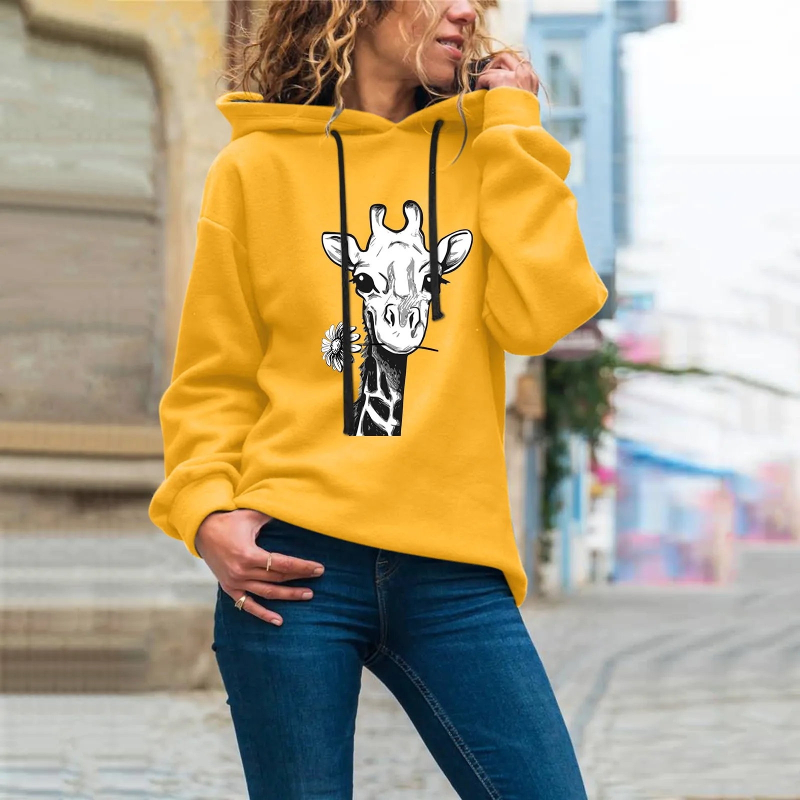 2021 신사복 캐주얼 블라우스 풀 슬리브 기린 프린트 스웨트 탑스 후드 풀오버 Comfy Daily Warm Blouse 무료 배송