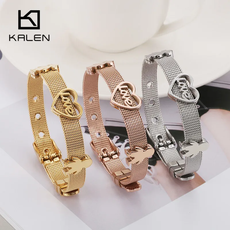 

KALEN Bohemia Stainless Steel Tri-Color Mesh Chain Bracelet For Women Romantic Heart LOVE MAMA Letter Charm Bracelet Jewelry