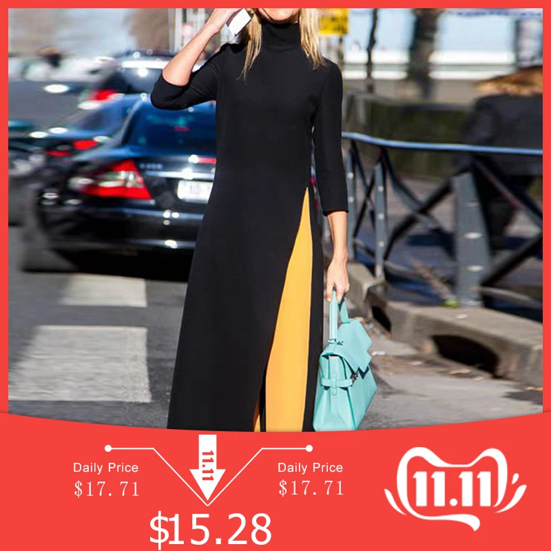 Günstig Frauen Mode Plus Größe Maxi Kleid Asymmetrische Westlichen Stil Rollkragen Pullover Stretchy Schwarz Stricken Oversize Lange Kleid