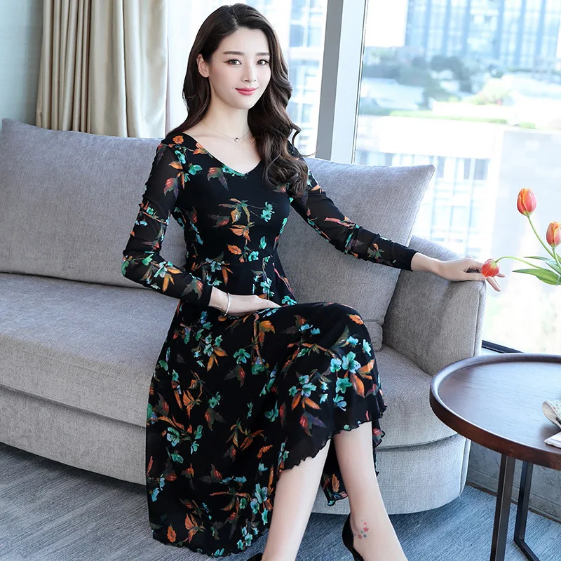 

2019 Autumn New Style Floral Dress Women's Mid-length Waist Hugging Slimming Elegant Crew Neck Long Sleeve Base Skirt