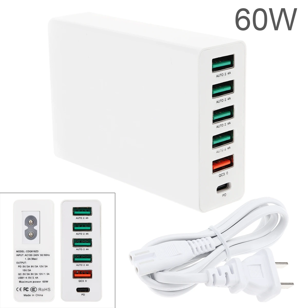 60 Вт USB Quick Зарядное устройство адаптеры 3,0 настольная зарядная станция зарядное устройство с 6-Порты и разъёмы для мобильного телефона