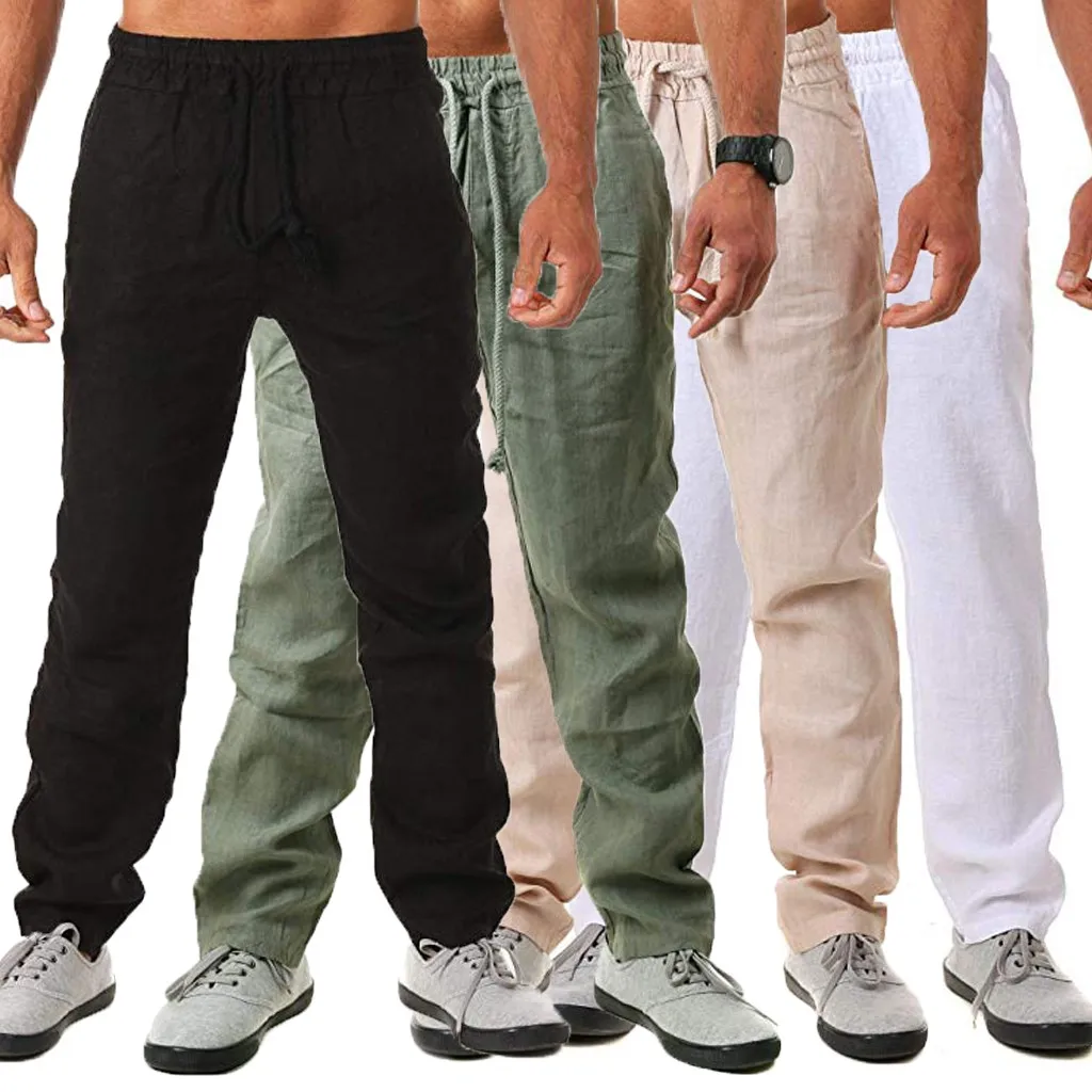 Summer Men's Drawstring Cotton Linen Pants Breathable Solid Color
