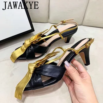 

Dress sandals women butterfly knot decor kitten heels bowties summer shoes genuine leather patchwork 2020 zapatos mujer