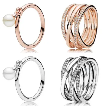 

Authentic 925 Sterling Silver Ring Rose Openwork Eternity Entwined Contemporary With Pearl Ring For Women Gift Fine Jewelry