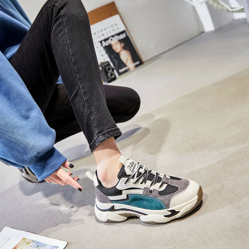 

2020 Early Spring Genuine Leather Lightning Dad Shoes Women's Korean-style Students Extra High Casual Sports Shoes WOMEN'S Shoes