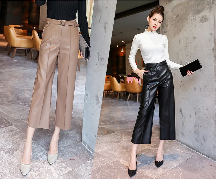 Осенние брендовые новые женские брюки из искусственной кожи с поясом и высокой талией, женские брюки из искусственной кожи, зимние штаны, широкие брюки