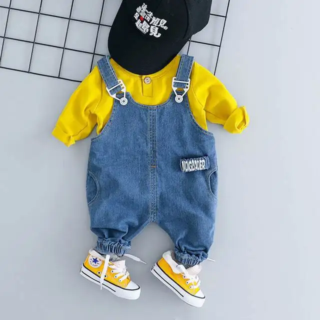 Yellow Комплекты одежды для малышей; хлопковая футболка высокого качества; комплекты одежды для маленьких мальчиков и девочек; джинсовый комбинезон; Детский костюм - Цвет: Yellow