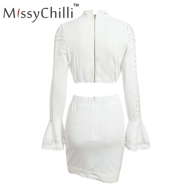 MissyChilli, сексуальное, кружевное, лоскутное, мини, белое платье, для женщин, 2 шт., с расклешенными рукавами, облегающее платье, Осенние, короткие, вечерние, для клуба, элегантное платье