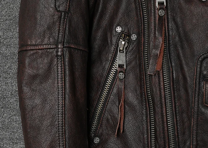 Mens Vintage Genuine Leather  Jacket 100% Cowhide Motorcycle Biker Coat Punk Rock Zipper Real Leather Moto Riders Jackets men's genuine leather coats & jackets with hood