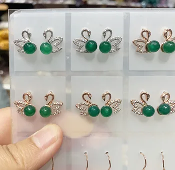 

Natural Green Agate Swan Earrings Jadeite Jewellery Fashion Accessories Hand-Carved DIY Luck Amulet Gifts Her Woman