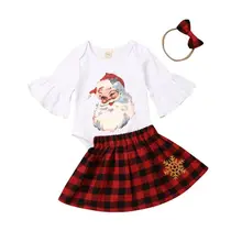 Рождественский хлопковый боди с расклешенными рукавами для новорожденных девочек; топы; клетчатая юбка; повязка на голову; комплект из 3 предметов; комплект рождественской одежды