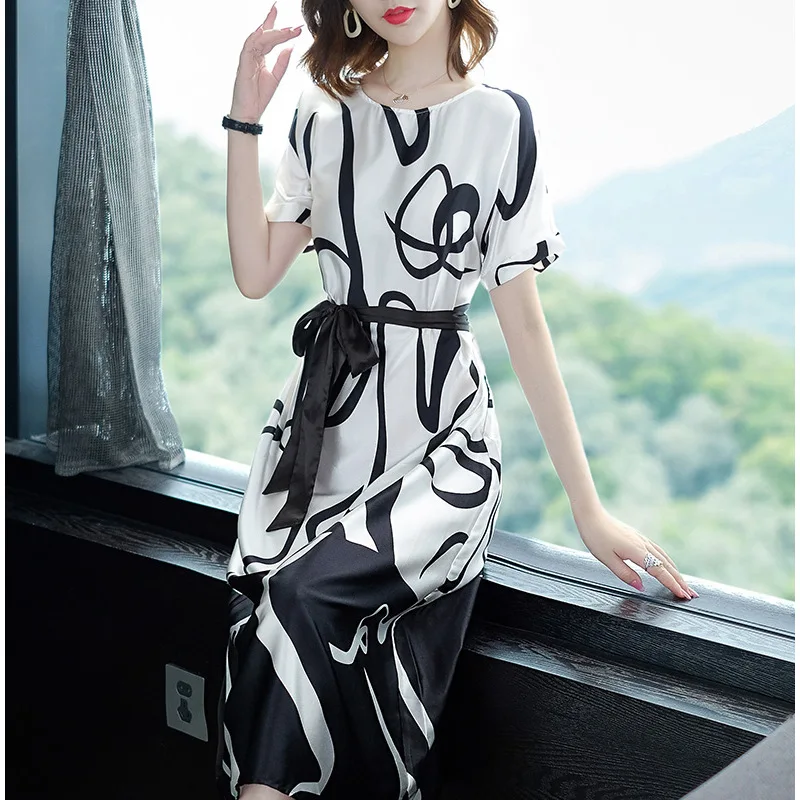 

Important Mulberry Silk Fashion Printed Dress Summer Wear for Women 2019 New Style Loose-Fit Elegant Slimming Dress Medium-lengt